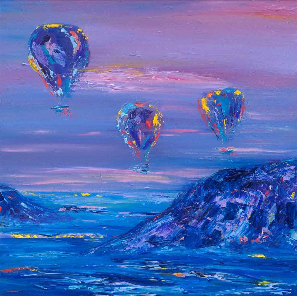 Purple, Blue and pink colours used in hot air balloon scenery painting