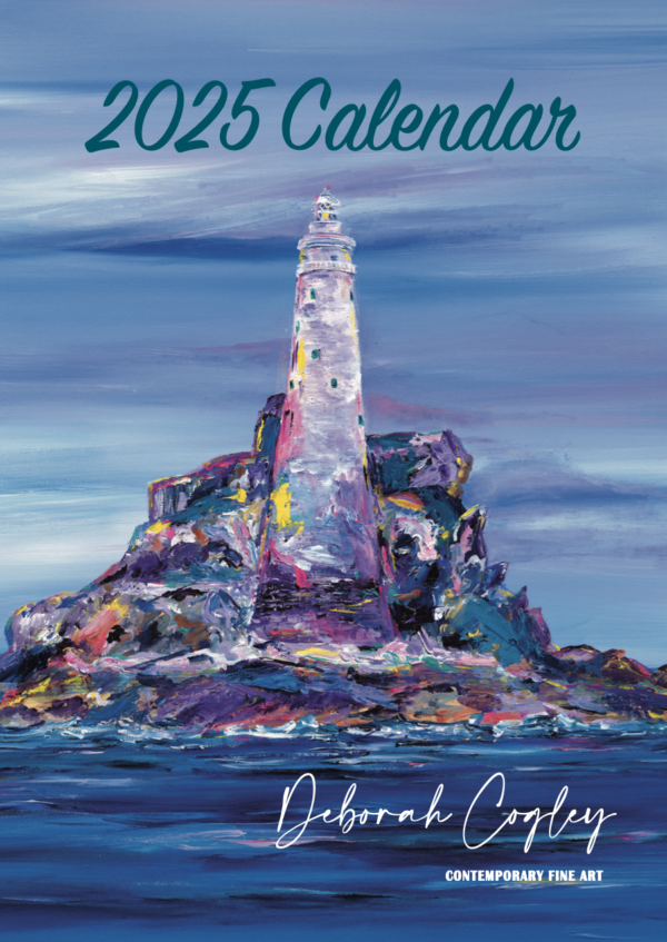 Deborah Cogley Art 2025 calendar depicting colourful artworks of Irish locations including Hook Head, cliffs of Moher, Tintern Abbey, Fastnet Lighthouse and lots of beautiful hot air balloons